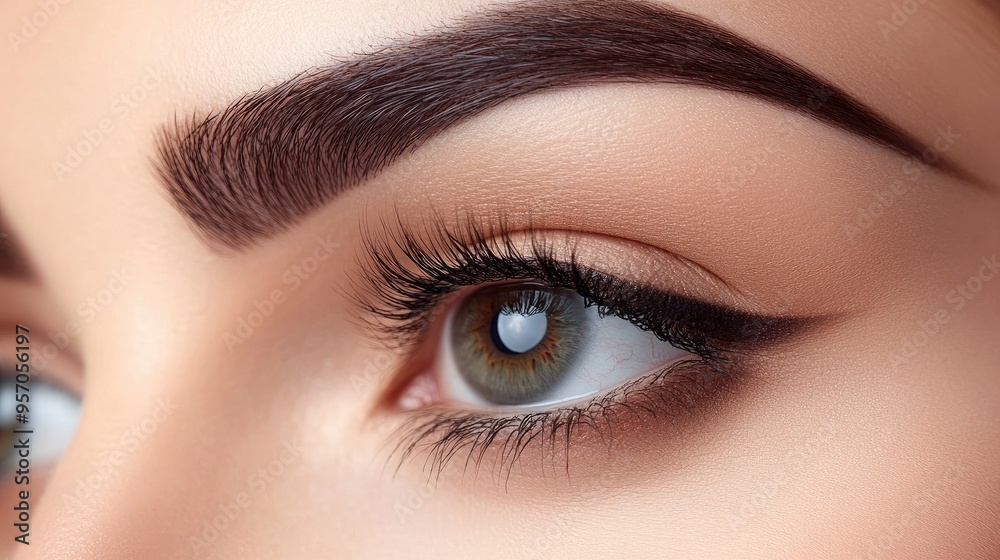 Fototapeta premium Detailed close-up of a woman's eye makeup, emphasizing her beautifully groomed eyebrows and long, curled eyelashes.