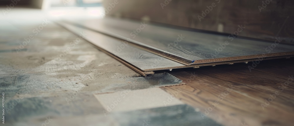 Wooden floor planks lie on top of an old, worn floor, illustrating the process of home renovation and improvement in progress. Wooden floor planks lie on top of an old, worn floor, illustrating the process of home renovation and improvement in progress.