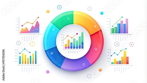 Vibrant circular infographic showcasing statistical data and progress tracking, featuring colorful segments, icons, and subtle gradient effects, set against a clean white background. photo