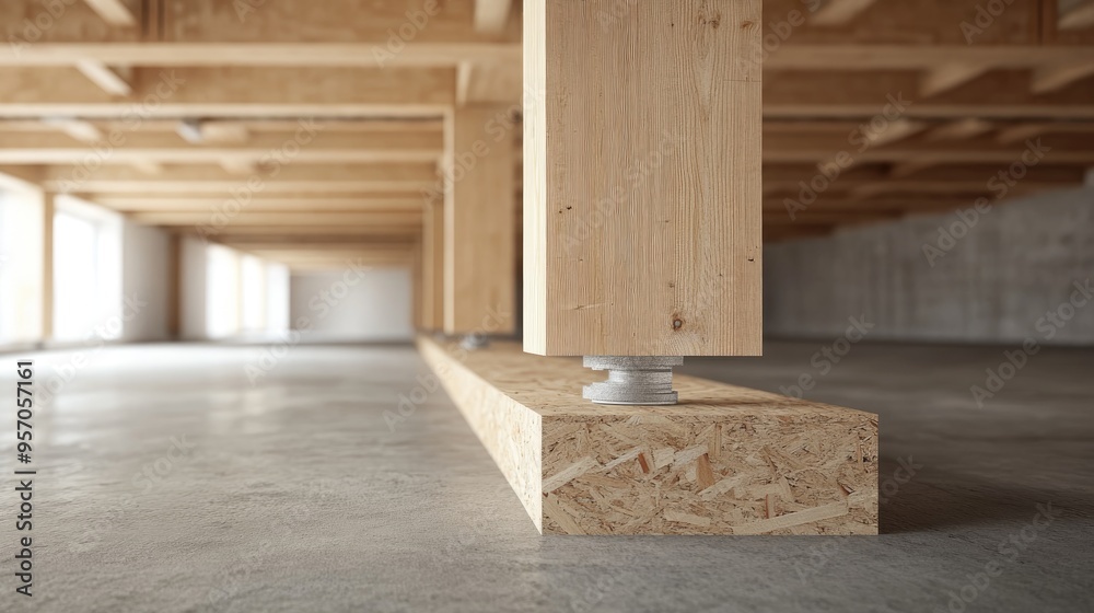 Close up of a 3D rendering of an acrow prop supporting exposed wooden floor joists in a renovated space Close up of a 3D rendering of an acrow prop supporting exposed wooden floor joists in a renovated space