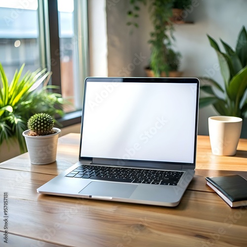 A modern laptop with a blank screen sits open on a wooden desk. ready for your design or message.