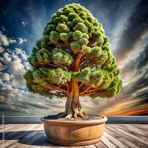 A stunning 3D illustration of a majestic cypress bonsai tree. rendered in a realistic style.