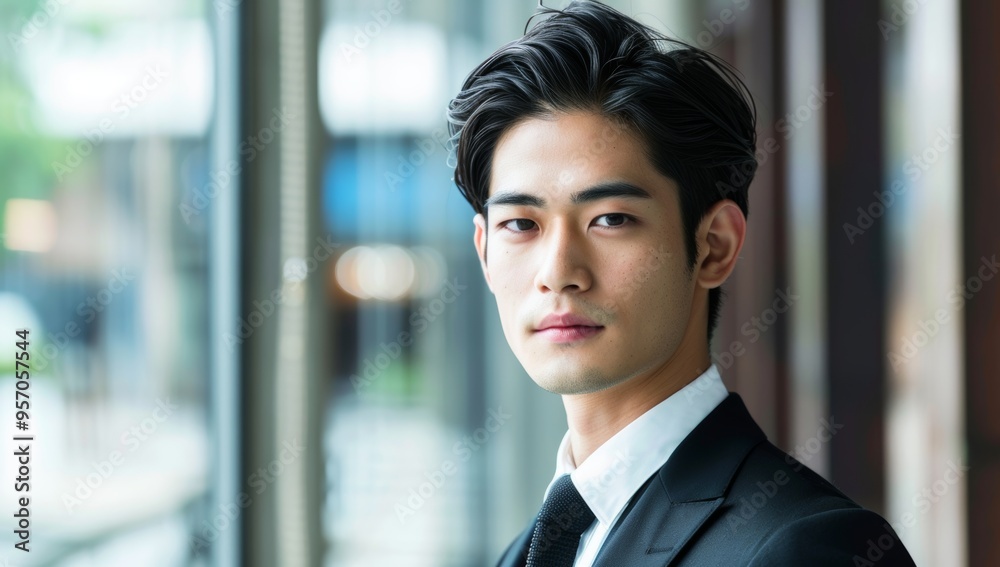 Handsome Japanese man in his early to mid-20s, wearing business attire, looks directly at the camera with an expression of confidence and determination. Simple isolated background Handsome Japanese man in his early to mid-20s, wearing business attire, looks directly at the camera with an expression of confidence and determination. Simple isolated background