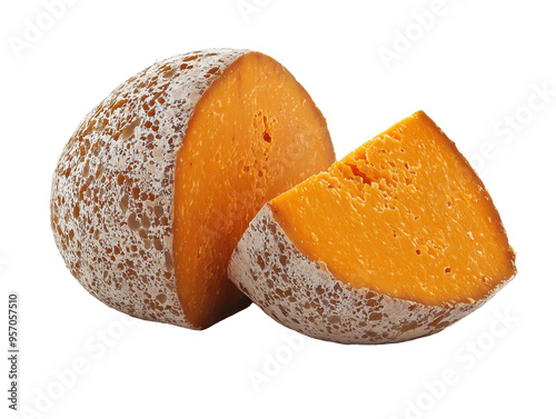 Halved round aged mimolette cheese with vibrant orange interior isolated on PNG cutout transparent background.