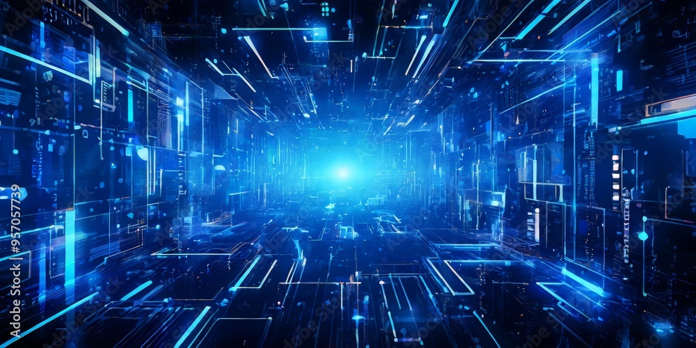 futuristic city with blue neon lights and lines