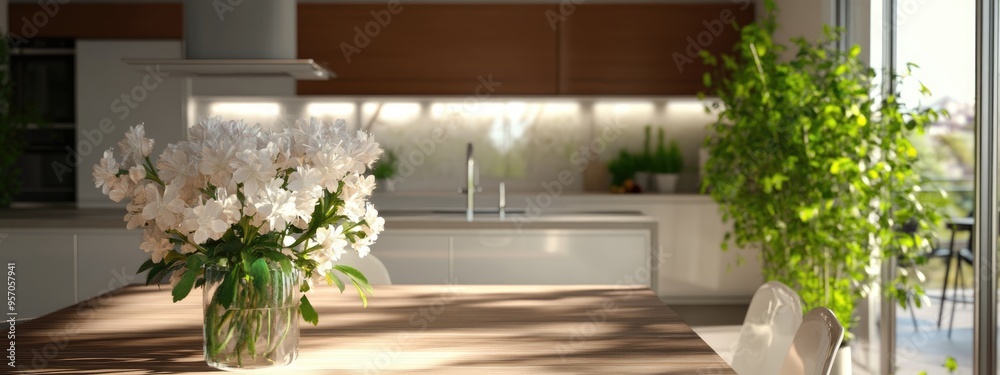 3D rendering of flowers enhancing a contemporary kitchen design 3D rendering of flowers enhancing a contemporary kitchen design