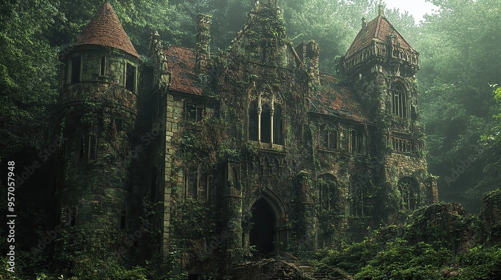 58. Intricate architecture design for a castle hidden within a dense forest, overgrown with vines
