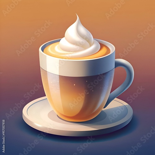 A delicious looking 3D illustration of a cappuccino with whipped cream in a white mug and saucer.