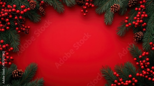 Beautiful celebratory Christmas red background with fir or pine branches and rowan berries. New Year's holidays. Top view with copy space