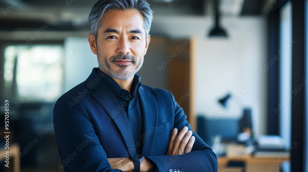 オフィスで腕組みして挑戦的な表情をしている日本人の中年男性、背景おしゃれなオフィスのボケ、日本の企業戦士 50代