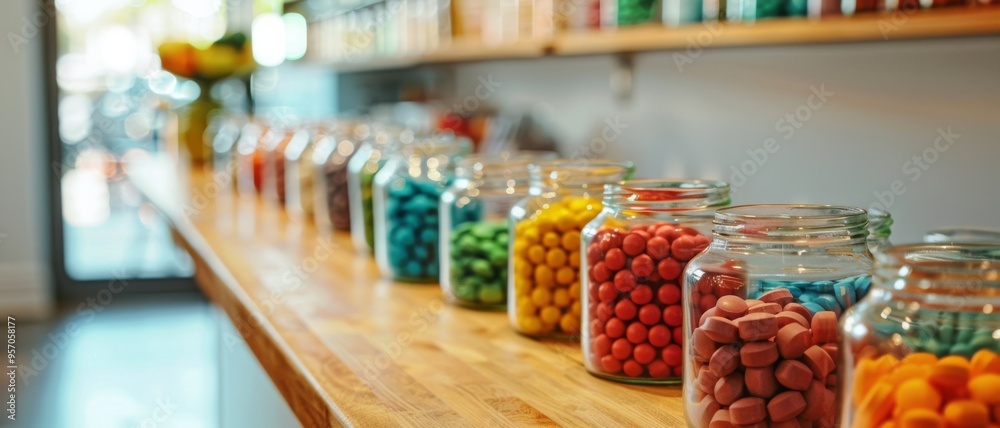 Vibrant jars filled with colorful candies line a wooden counter in a bright and cozy confectionery shop, creating a delightful and inviting atmosphere. Vibrant jars filled with colorful candies line a wooden counter in a bright and cozy confectionery shop, creating a delightful and inviting atmosphere.