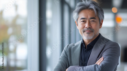 オフィスで腕組みして挑戦的な表情をしている日本人の中年男性、背景おしゃれなオフィスのボケ、日本の企業戦士 50代
