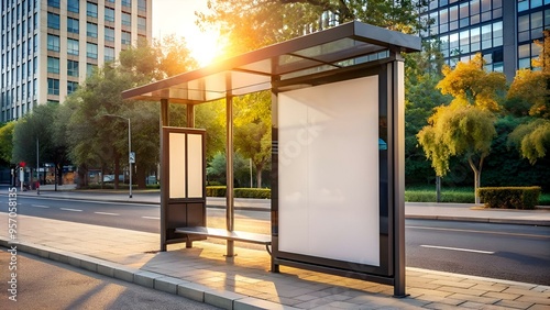 Blank bus stop advertising mockup in urban setting with sunset glow.