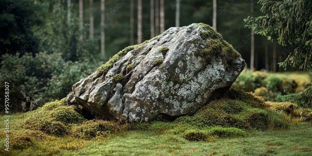 Fototapeta premium Large mossy rock in a forest clearing.
