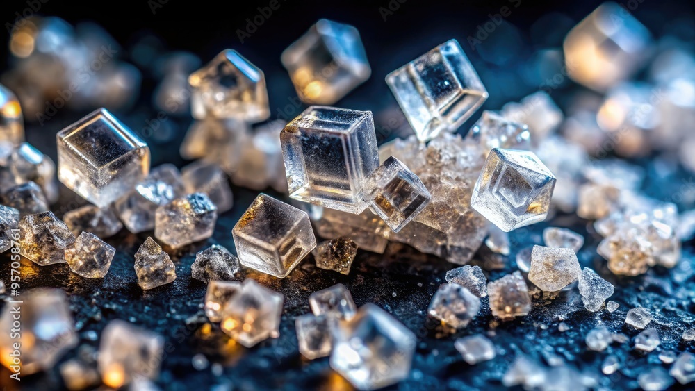 Macro shot of delicate, geometric salt crystals scattered on a dark background, showcasing their intricate, sparkling structures and natural, earthy beauty in high detail. Macro shot of delicate, geometric salt crystals scattered on a dark background, showcasing their intricate, sparkling structures and natural, earthy beauty in high detail.