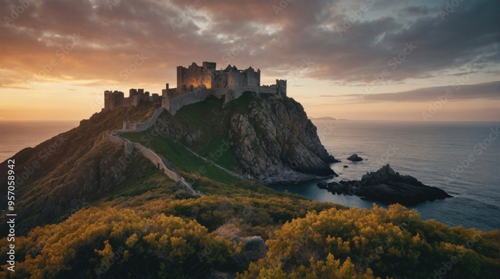 Wallpaper, medieval castle on rocky island Wallpaper, medieval castle on rocky island