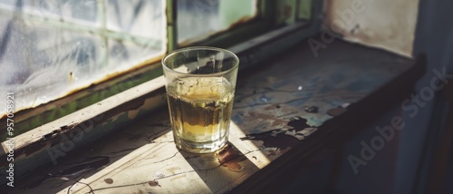 A solitary glass filled with amber liquid rests on a rustic windowsill bathed in warm sunlight, casting intriguing shadows around.
