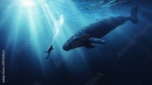 An underwater scene where a diver is facing a massive whale. The diver appears small in comparison, floating in the vast, deep blue ocean.