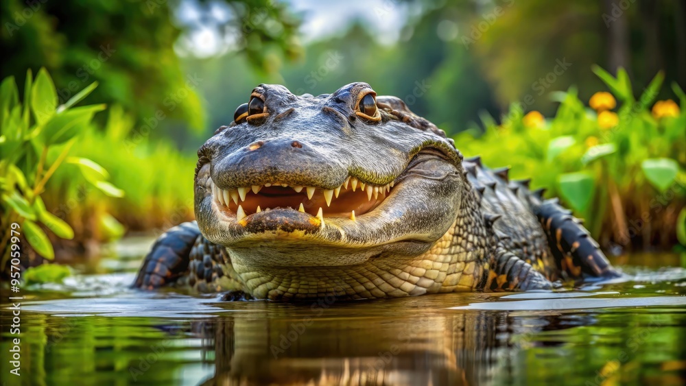Fototapeta premium Majestic American alligator emerges from murky waters of Louisiana bayou, showcasing scaly skin and powerful jaws in natural habitat surrounded by lush greenery.