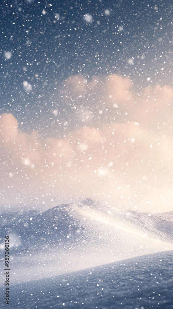 A snowy mountain range with a cloudy sky, snow falling on the mountains.