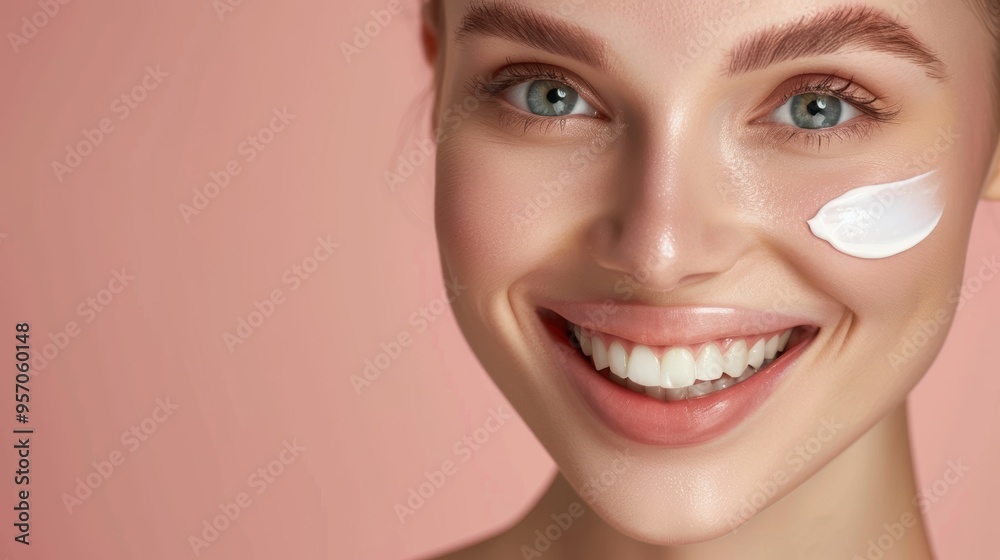 Beautiful woman smile use cream for good skin. face of a healthy woman apply cream and makeup. Advertisement for skin cream, anti-wrinkle, baby face, whitening, moisturizer, tighten pores. Beautiful woman smile use cream for good skin. face of a healthy woman apply cream and makeup. Advertisement for skin cream, anti-wrinkle, baby face, whitening, moisturizer, tighten pores.