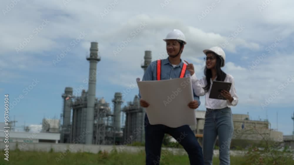Asian male engineer holding blueprints standing with Asian female manager inspecting the work together and discussing the work at petroleum oil refinery in engineering industrial industrial plants. Asian male engineer holding blueprints standing with Asian female manager inspecting the work together and discussing the work at petroleum oil refinery in engineering industrial industrial plants.