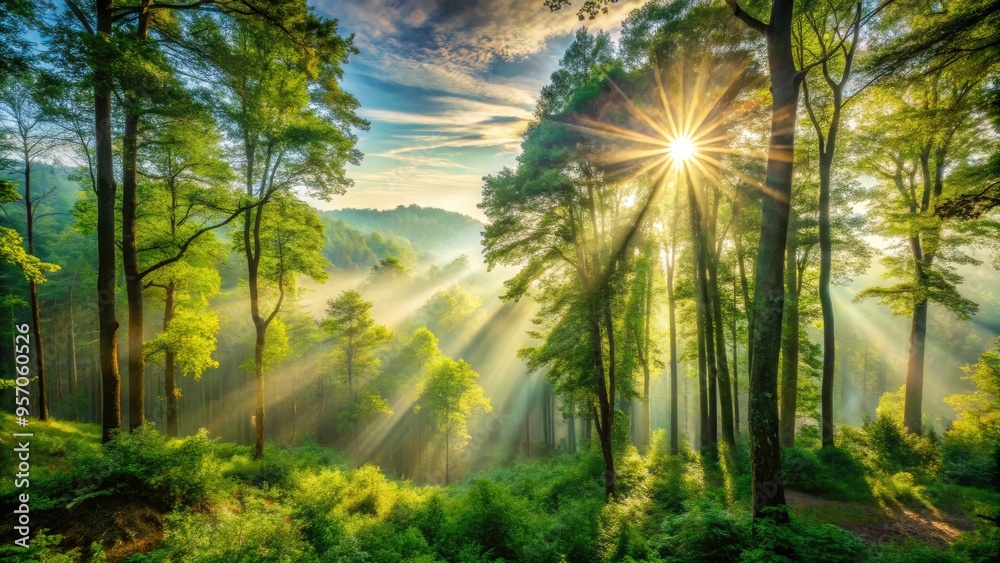 Obraz premium Majestic forest landscape with vibrant green trees, misty fog, and radiant sunbeams filtering through leafy canopies.
