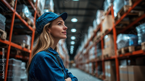 A woman in a blue shirt and hat stands in a warehouse looking up at a shelf