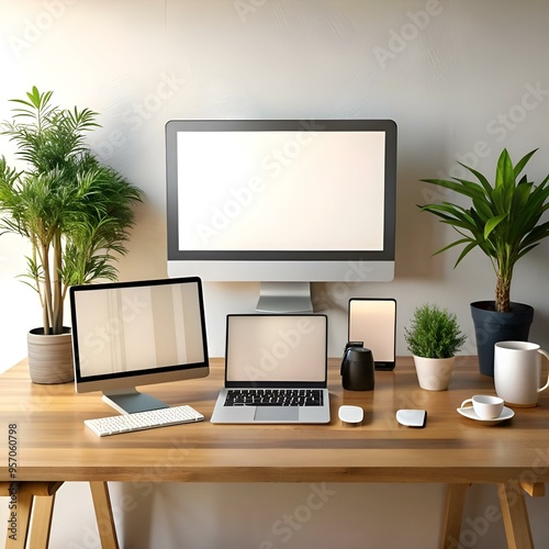 A clean and modern workspace with a desktop computer. laptop. tablet. and smartphone. all with blank screens. ready for your design or message.