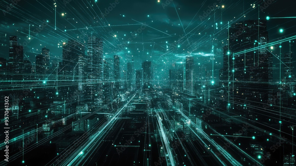 Futuristic cityscape illuminated by a vast network of transport connections and Futuristic cityscape illuminated by a vast network of transport connections and