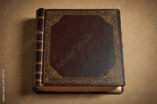 Vintage leather open book cover with antique bookbinding photo