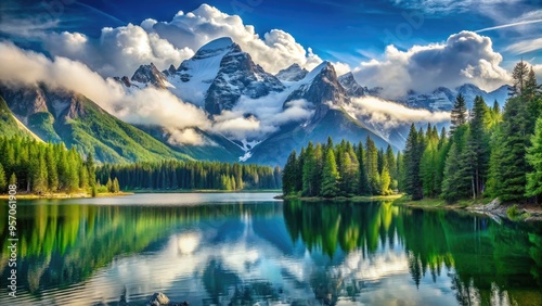 Majestic snow-capped mountain peaks towering above serene alpine lake, surrounded by lush green forests and misty valleys, under a vibrant blue sky with fluffy white clouds.