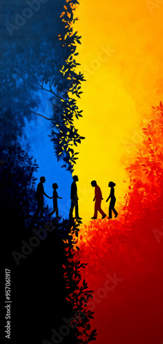 Silhouetted figures walk towards a vibrant horizon, symbolizing unity and peace amidst contrasting colors of blue, yellow, and red.