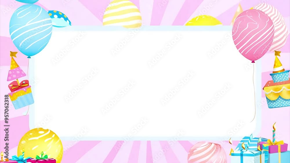 Happy birthday template frame with balloons and decoration, place for text or copy space.