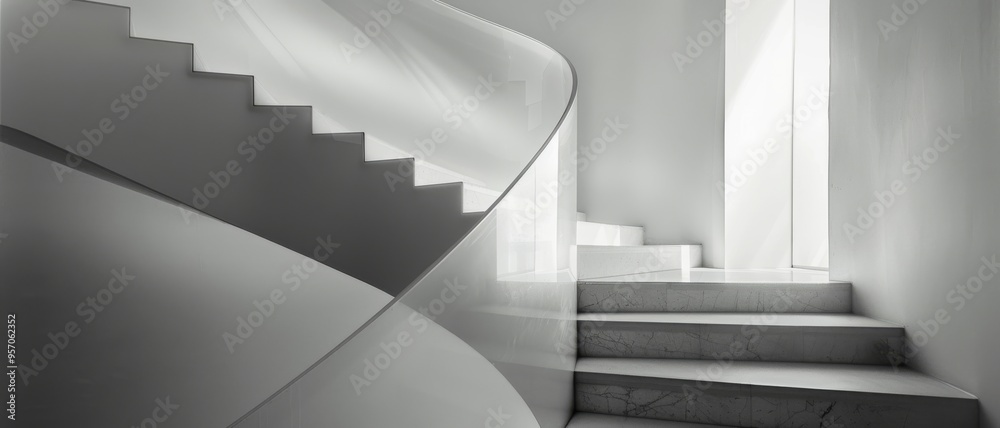 A sleek, modern staircase with smooth, curved lines winds its way upwards, contrasting sharply with the natural light streaming from a large window. A sleek, modern staircase with smooth, curved lines winds its way upwards, contrasting sharply with the natural light streaming from a large window.