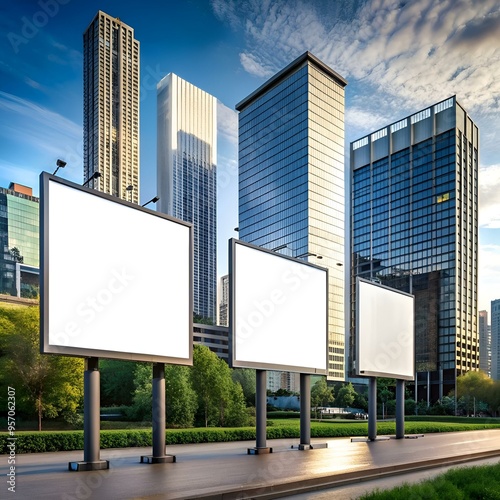 Three blank billboards stand tall against a backdrop of modern skyscrapers.