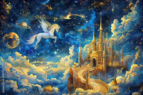 Castle in the clouds with a unicorn under a starry sky