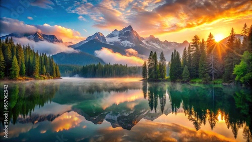 Majestic sunrise illuminates serene alpine lake, surrounded by lush green forest and majestic snow-capped mountains, with misty fog rolling in, showcasing nature's awe-inspiring beauty.