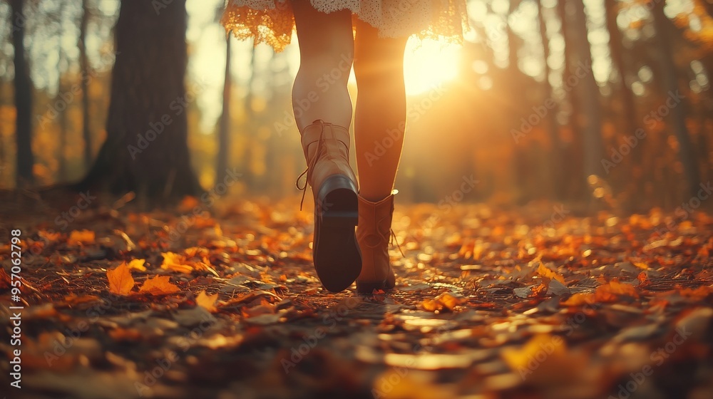 A close-up shot of a woman walking in a forest in autumn A close-up shot of a woman walking in a forest in autumn