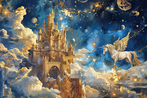 Mystical celestial castle with a white unicorn flying in a starry sky with planets and golden clouds
