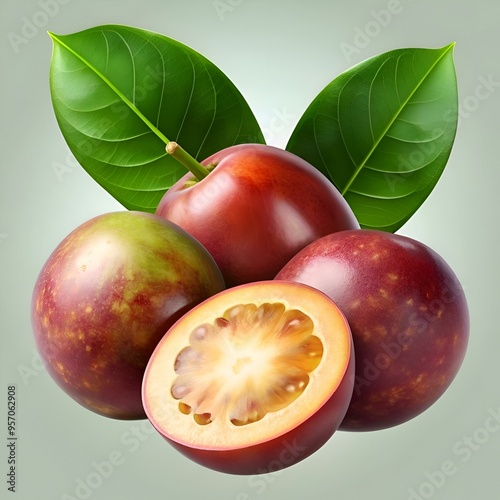 A vibrant 3D illustration of Camu Camu fruit. showcasing its enticing red. green. and yellow hues.