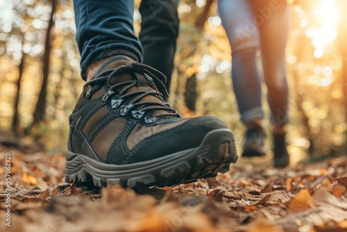 Walking in small group along the path of an autumn forest. Close-up view of feet.