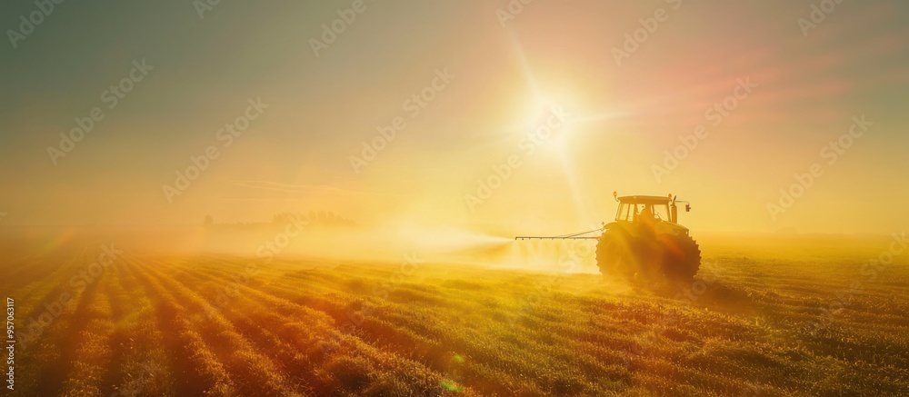 Obraz premium Tractor Working in Golden Sunset Lit Agricultural Field at Countryside Scenery Farming Machinery Plowing or Cultivating the Land During Harvest Time