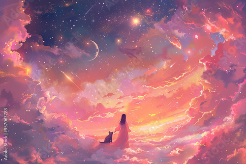 Mystical evening sky with a woman and her cat gazing at the stars