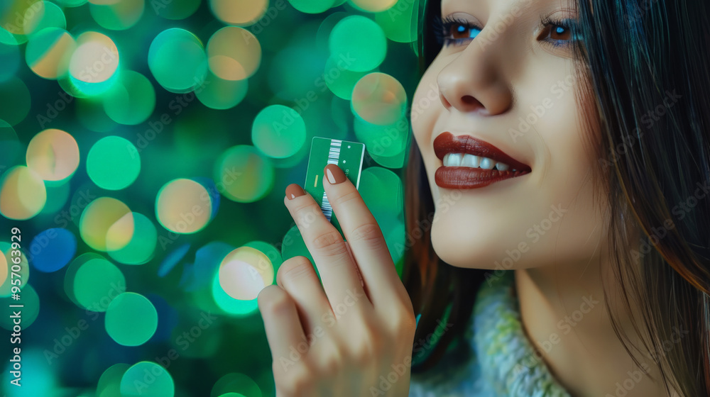 Obraz premium woman with card in front of blurred green background