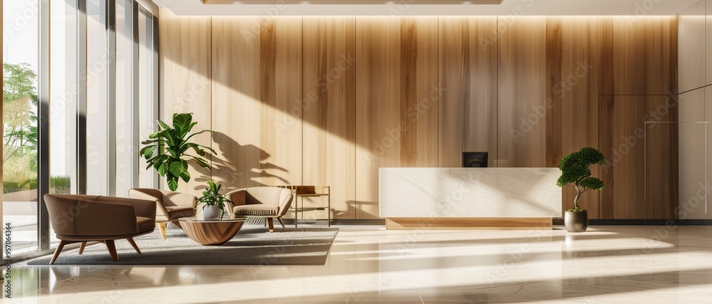 Fototapeta premium Sleek, sunlit lobby with wooden paneling and modern furniture, flanked by large glass windows and green plants.