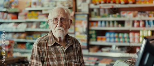 An elderly man stands behind the counter of a quaint grocery store, the nostalgia tangibly hanging in the air amid the rows of canned goods and essential items.