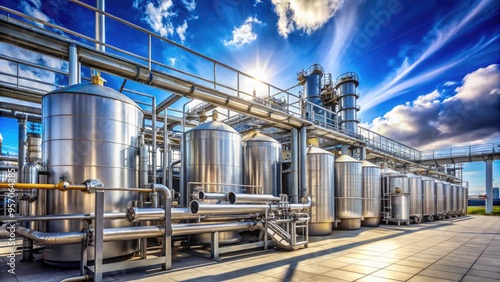 Modern industrial facility with rows of stainless steel tanks, pipes, and valves, surrounded by cranes and machinery, under a bright blue sky with fluffy clouds. photo