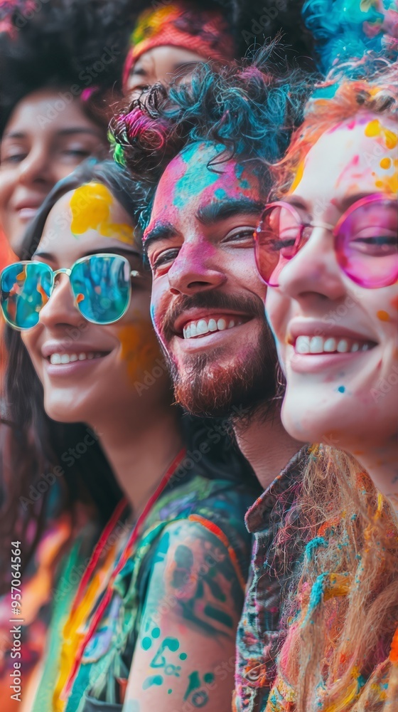 Obraz premium Diverse Group People. Vibrant Watercolor Style. Blending of Cultures Ethnicities. Close-up Shot Showing Diversity and Inclusion.