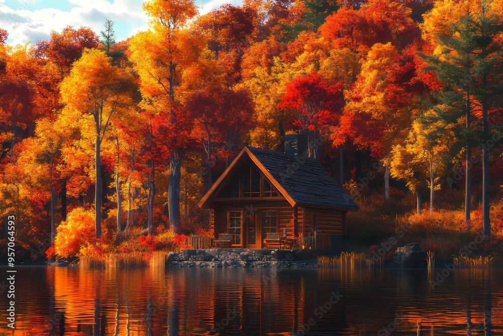 Fototapeta premium In the autumn forest, a cozy stone cottage overlooks a lake